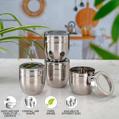 Sumeet Stainless Steel Conical Shape Canisters/Dabba/Storage Containers for Kitchen with See Through Lid, Set of 4 Pcs, 400ml Each, 8.5cm Dia, Silver