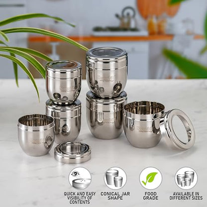 Sumeet Stainless Steel Conical Shape Canisters/Dabba/Storage Containers for Kitchen with See Through Lid, Set of 6 Pcs, (150ml-6cm Dia-3Pc & 250ml-7cm Dia-3Pc), Silver