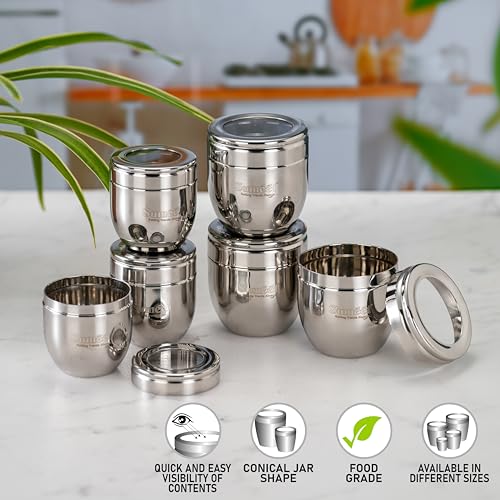 Sumeet Stainless Steel Conical Shape Canisters/Dabba/Storage Containers for Kitchen with See Through Lid, Set of 6 Pcs, (250ml-7cm Dia-3Pc & 400ml-8.5cm Dia-3Pc), Silver