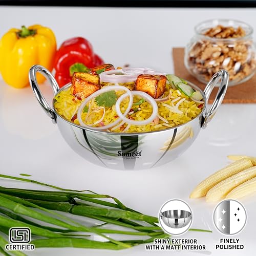 Sumeet ISI Certified Cook Smart TriPly Steel-Aluminium-Steel 3 Layer Round Bottom Kadai - 20cm, 1.7Ltr, Silver