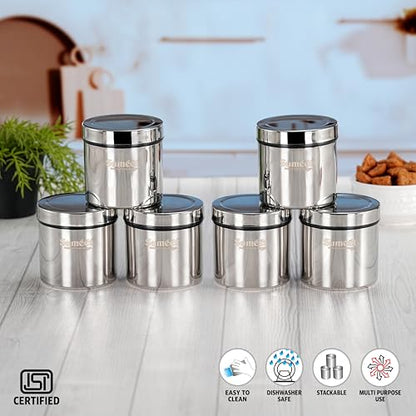 Sumeet ISI Certified Stainless Steel Air Tight Storage Container/Jar/Canister/Dabba with Threading Screw Cap for Kitchen - Pack of 6Pc, 8.3cm, 350ml, Silver