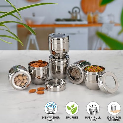 Sumeet Stainless Steel Conical Shape Canisters/Dabba/Storage Containers for Kitchen with See Through Lid, Set of 6 Pcs, 150ml Each, 6cm Dia, Silver