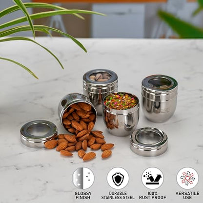 Sumeet Stainless Steel Conical Shape Canisters/Dabba/Storage Containers for Kitchen with See Through Lid, Set of 4 Pcs, 150ml Each, 6cm Dia, Silver