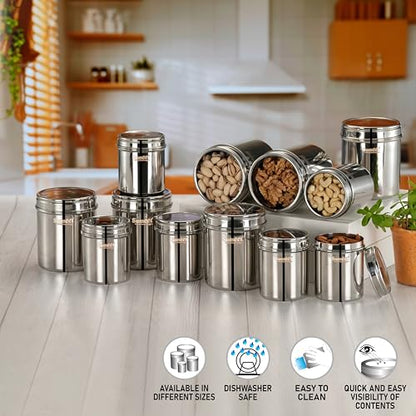 Sumeet Stainless Steel Small Containers/Jars/Dabba for Kitchen Storage with See Through Lids - set of 12Pcs, 400ml + 750ml capacity, 7.3cm & 9cm Dia, Silver