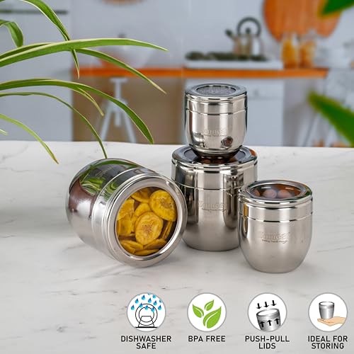 Sumeet Stainless Steel Conical Shape Canisters/Dabba/Storage Containers for Kitchen with See Through Lid, Set of 4 Pcs (150ml-6cm Dia-1Pc, 250ml-7cm Dia-1Pc, 400ml-8.5cm 1Pc, 500ml-9cm 1Pc)- Silver