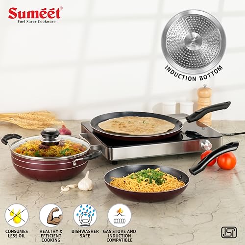 Sumeet Elegantia Induction Base Non Stick Aluminium Cookware Set of 3Pcs - Dosa Tawa 28cm / Deep Kadai with Glass Lid 21.5cm / 1800ml Capacity/Tapper Pan 22cm | Gas and Induction Friendly | Cherry