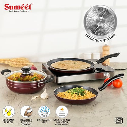 Sumeet Elegantia Induction Base Non Stick Aluminium Cookware Set of 3Pcs - Dosa Tawa 28cm / Deep Kadai with Glass Lid 21.5cm / 1800ml Capacity/Tapper Pan 22cm | Gas and Induction Friendly | Cherry