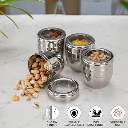 Sumeet Stainless Steel Conical Shape Canisters/Dabba/Storage Containers for Kitchen with See Through Lid, Set of 4 Pcs, 400ml Each, 8.5cm Dia, Silver