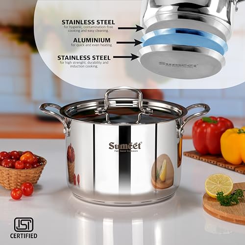 Sumeet ISI Certified Stainless Steel Casserole Handi/Stock Pot/Biryani Pot/Dutch Oven with Steel Lid - Even Heat, Cook-N-Serve, Gas and Induction Friendly, 20Cm, 4.2Ltr, Silver