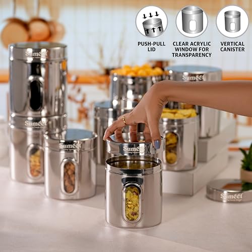 Sumeet Stainless Steel Small Containers/Jars/Dabba for Kitchen Storage with See Through Window - set of 8Pcs, 1100ml + 1820ml capacity, 11.5cm & 13.3cm Dia, Silver