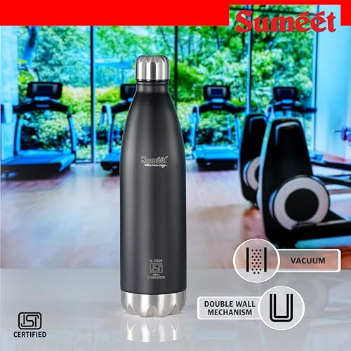 Sumeet Thermo1000 ISI Certified Stainless Steel Hot & Cold Double Walled Leak Proof Vacuum Flask/Water Bottle for Office/School/College/Gym/Picnic/Home/Trekking- 1000ml, Black