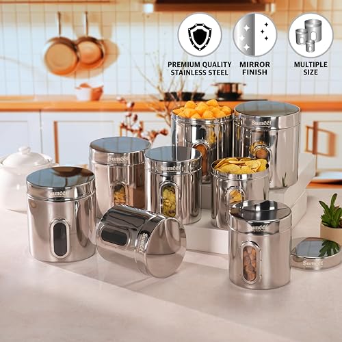 Sumeet Stainless Steel Small Containers/Jars/Dabba for Kitchen Storage with See Through Window - set of 8Pcs, 1100ml + 1820ml capacity, 11.5cm & 13.3cm Dia, Silver