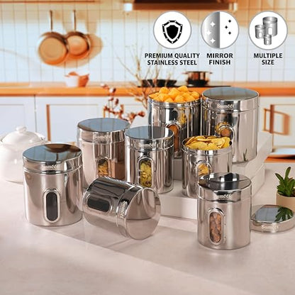 Sumeet Stainless Steel Small Containers/Jars/Dabba for Kitchen Storage with See Through Window - set of 8Pcs, 1100ml + 1820ml capacity, 11.5cm & 13.3cm Dia, Silver