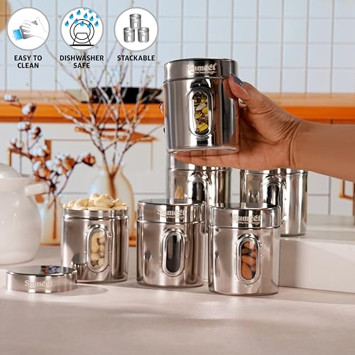Sumeet Stainless Steel Small Containers/Jars/Dabba for Kitchen Storage with See Through Window - set of 6Pcs, 310ml capacity each, 7.3cm Dia, Silver