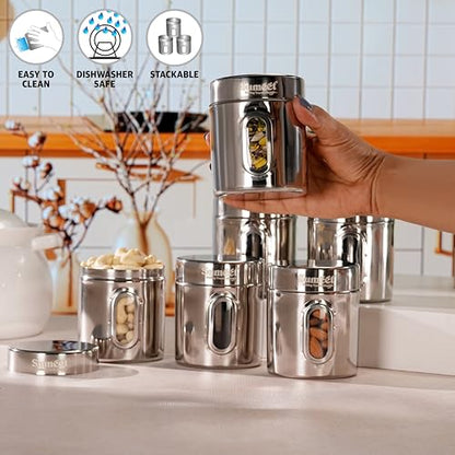 Sumeet Stainless Steel Small Containers/Jars/Dabba for Kitchen Storage with See Through Window - set of 6Pcs, 310ml capacity each, 7.3cm Dia, Silver