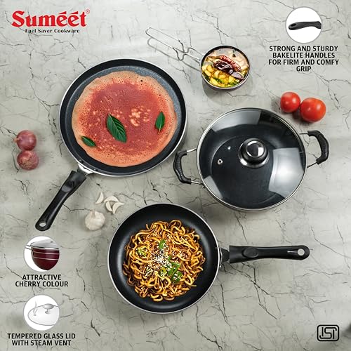 Sumeet Elegantia Induction Base Non Stick Aluminium Cookware Set of 5Pcs - Dosa Tawa 28cm / Deep Kadai with Glass Lid/Fry Pan 21.5cm / 1550ml Capacity/Tadkapan | Gas and Induction Friendly | Cherry