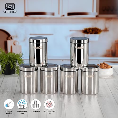 Sumeet ISI Certified Stainless Steel Air Tight Storage Container/Jar/Canister/Dabba with Threading Screw Cap for Kitchen - Pack of 6Pc, 8.3cm, 550ml, Silver