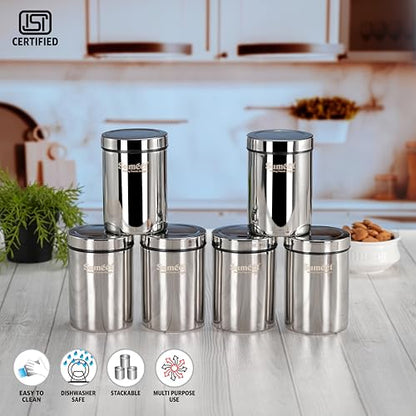 Sumeet ISI Certified Stainless Steel Air Tight Storage Container/Jar/Canister/Dabba with Threading Screw Cap for Kitchen - Pack of 6Pc, 8.3cm, 550ml, Silver