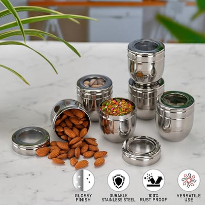 Sumeet Stainless Steel Conical Shape Canisters/Dabba/Storage Containers for Kitchen with See Through Lid, Set of 6 Pcs, 150ml Each, 6cm Dia, Silver