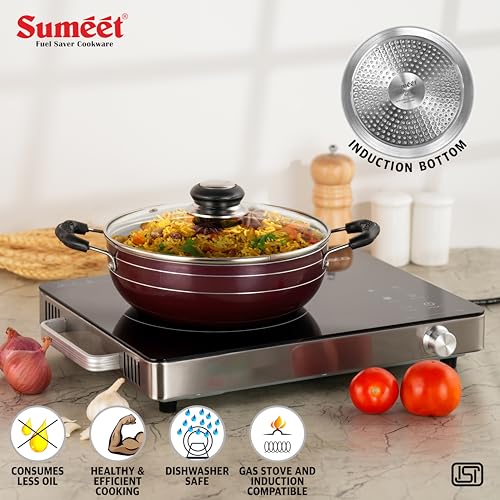 Sumeet Elegantia Induction Base Non Stick Aluminium Deep Kadai with Glass Lid 21.5cm / 1800ml Capacity | Gas and Induction Friendly | Cherry