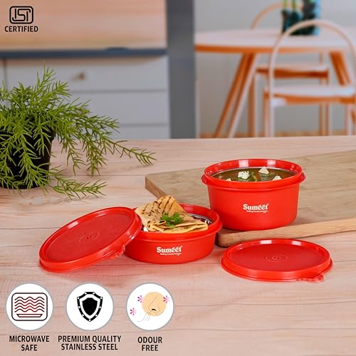 Sumeet ISI Certified Inside Steel Microwave Safe BPA Free Lunch Boxes/Storage Containers with Air Tight & Leak Proof Lid for Home/Office/School, 250ml & 350ml Set of 2, Red