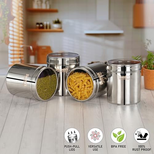 Sumeet Stainless Steel Containers/Jars/Dabba for Kitchen Storage with See Through Lids - set of 4Pcs, 1350ml capacity each, 11.7cm Dia, Silver