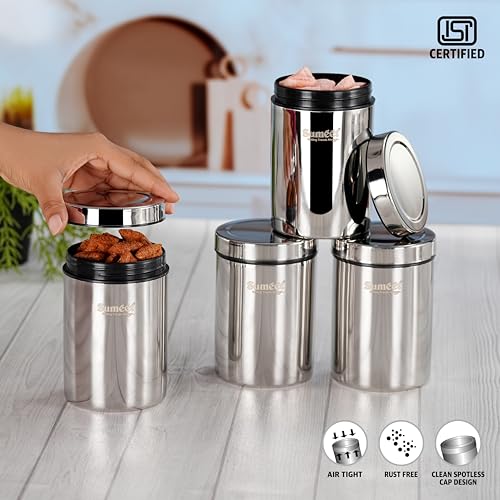 Sumeet ISI Certified Stainless Steel Air Tight Storage Container/Jar/Canister/Dabba with Threading Screw Cap for Kitchen - Pack of 4Pc, 8.3cm, 550ml, Silver