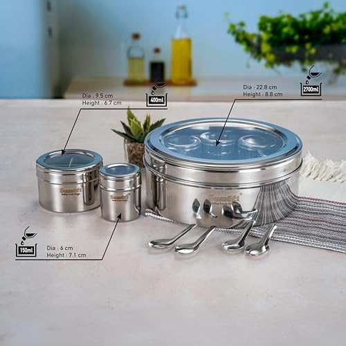 Sumeet 12 in 1 Stainless Steel Airtight Masala Box/Organiser/Masala Dani for Kitchen with Middle Container Partition |12 Containers with Individual with See through Lid & 4 Spoon (22.8 cms)