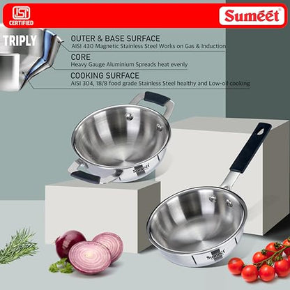 Sumeet Cook Smart ISI Certified Tri-Ply (Steel - Aluminium - Steel) Set of 2 Pcs Mini Kadai 370ml - FryingTadka Pan 400ml with Silicon Grip | Induction and Gas Friendly | 2.5mm Thick, Silver