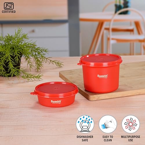 Sumeet ISI Certified Inside Steel Microwave Safe BPA Free Lunch Boxes/Storage Containers with Air Tight & Leak Proof Lid for Home/Office/School, 250ml & 500ml Set of 2, Red