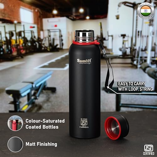 Sumeet Nero 24 Hrs Hot & Cold ISI Certified Stainless Steel Leak Proof Water Bottle for Office/School/College/Gym/Picnic/Home/Trekking -900ml, Pack of 1, Black