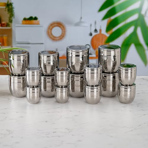 Sumeet Stainless Steel Conical Shape Canisters/Dabba/Storage Containers for Kitchen with See Through Lid, Set of 16 Pcs, (150ml-6cm Dia-4Pc, 250ml-7cm Dia-4Pc, 400ml-8.5cm 4Pc, 500ml-9cm 4Pc)- Silver