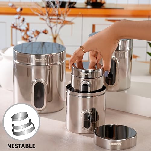 Sumeet Stainless Steel Small Containers/Jars/Dabba for Kitchen Storage with See Through Window - set of 4Pcs, 1100ml + 1820ml capacity, 11.5cm & 13.3cm Dia, Silver