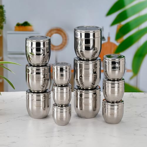 Sumeet Stainless Steel Conical Shape Canisters/Dabba/Storage Containers for Kitchen with See Through Lid, Set of 12 Pcs, (150ml-6cm Dia-3Pc, 250ml-7cm Dia-3Pc, 400ml-8.5cm -3Pc, 500ml-9cm 3Pc)- Silver