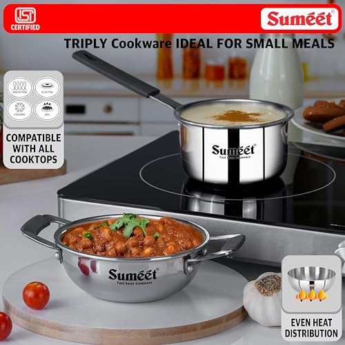 Sumeet Cook Smart ISI Certified Tri-Ply (Steel - Aluminium - Steel) Set of 3 Pcs Mini Kadai 370ml - SauceTadka Pan 450ml with Silicon Grip | Induction and Gas Friendly | 2.5mm Thick, Silver