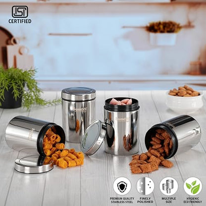 Sumeet ISI Certified Stainless Steel Air Tight Storage Container/Jar/Canister/Dabba with Threading Screw Cap for Kitchen - Pack of 4Pc, 8.3cm, 550ml, Silver