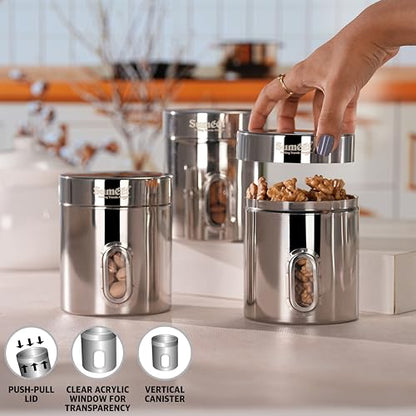 Sumeet Stainless Steel Small Containers/Jars/Dabba for Kitchen Storage with See Through Window - set of 3Pcs, 700ml capacity each, 9.5cm Dia, Silver