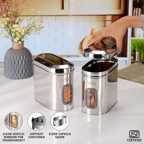 Sumeet ISI Certified Stainless Steel Capsul Canister/Container for Kitchen Storage with See Through Window - Set of 2 Pcs - 1850ml, Silver
