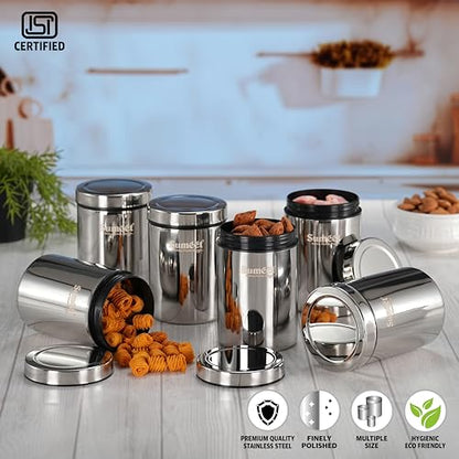 Sumeet ISI Certified Stainless Steel Air Tight Storage Container/Jar/Canister/Dabba with Threading Screw Cap for Kitchen - Pack of 6Pc, 8.3cm, 550ml, Silver