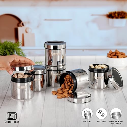 Sumeet ISI Certified Stainless Steel Air Tight Storage Container/Jar/Canister/Dabba with Threading Screw Cap for Kitchen - Pack of 6Pc, 8.3cm, 350ml, Silver