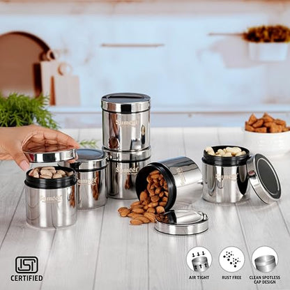 Sumeet ISI Certified Stainless Steel Air Tight Storage Container/Jar/Canister/Dabba with Threading Screw Cap for Kitchen - Pack of 6Pc, 8.3cm, 350ml, Silver