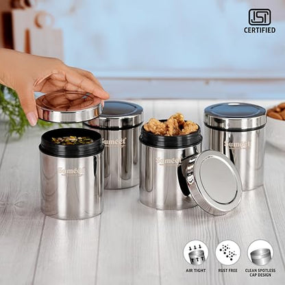 Sumeet ISI Certified Stainless Steel Air Tight Storage Container/Jar/Canister/Dabba with Threading Screw Cap for Kitchen - Pack of 4Pc, 8.3cm, 450ml, Silver