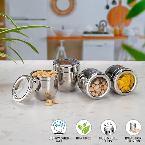 Sumeet Stainless Steel Conical Shape Canisters/Dabba/Storage Containers for Kitchen with See Through Lid, Set of 4 Pcs, 500ml Each, 9cm Dia, Silver