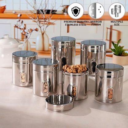 Sumeet Stainless Steel Small Containers/Jars/Dabba for Kitchen Storage with See Through Window - set of 6Pcs, 700ml capacity each, 9.5cm Dia, Silver