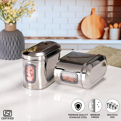 Sumeet ISI Certified Stainless Steel Capsul Canister/Container for Kitchen Storage with See Through Window - Set of 2 Pcs - 1400ml, Silver