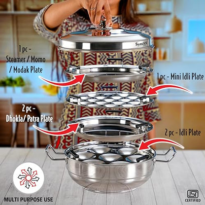 Sumeet ISI Certified Stainless Steel Induction Bottom Heavy Multi Kadai with 6 Plates - 2 Idli, 2 Dhokla/Patra, 1 Momo/Modak/Steamer, 1 Mini Idli Plate - 28cm, 4.7Ltr, Silver
