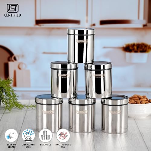 Sumeet ISI Certified Stainless Steel Air Tight Storage Container/Jar/Canister/Dabba with Threading Screw Cap for Kitchen - Pack of 6Pc, 8.3cm, 450ml, Silver