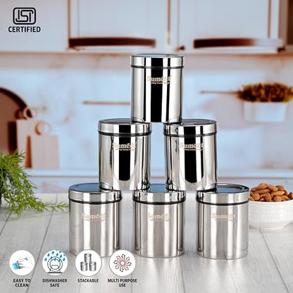 Sumeet ISI Certified Stainless Steel Air Tight Storage Container/Jar/Canister/Dabba with Threading Screw Cap for Kitchen - Pack of 6Pc, 8.3cm, 450ml, Silver
