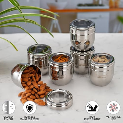 Sumeet Stainless Steel Conical Shape Canisters/Dabba/Storage Containers for Kitchen with See Through Lid, Set of 6 Pcs, 250ml Each, 7cm Dia, Silver