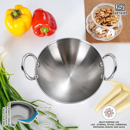Sumeet ISI Certified Cook Smart TriPly Steel-Aluminium-Steel 3 Layer Round Bottom Kadai - 18cm, 1.350 LTR, Silver